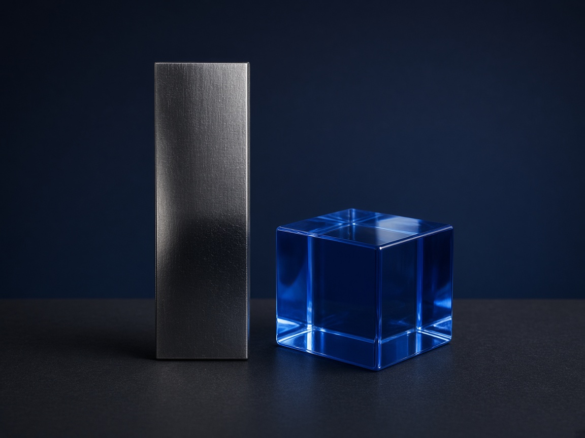 A metal plaque beside a blue glass cube, the VPS certification.
