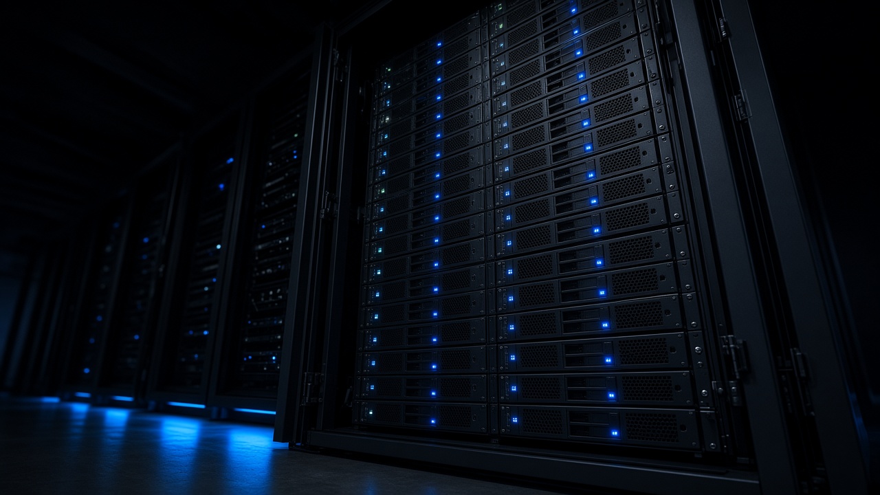 Type Host, a full-height black cabinet photographed from the floor, packed with servers and blue indicators.