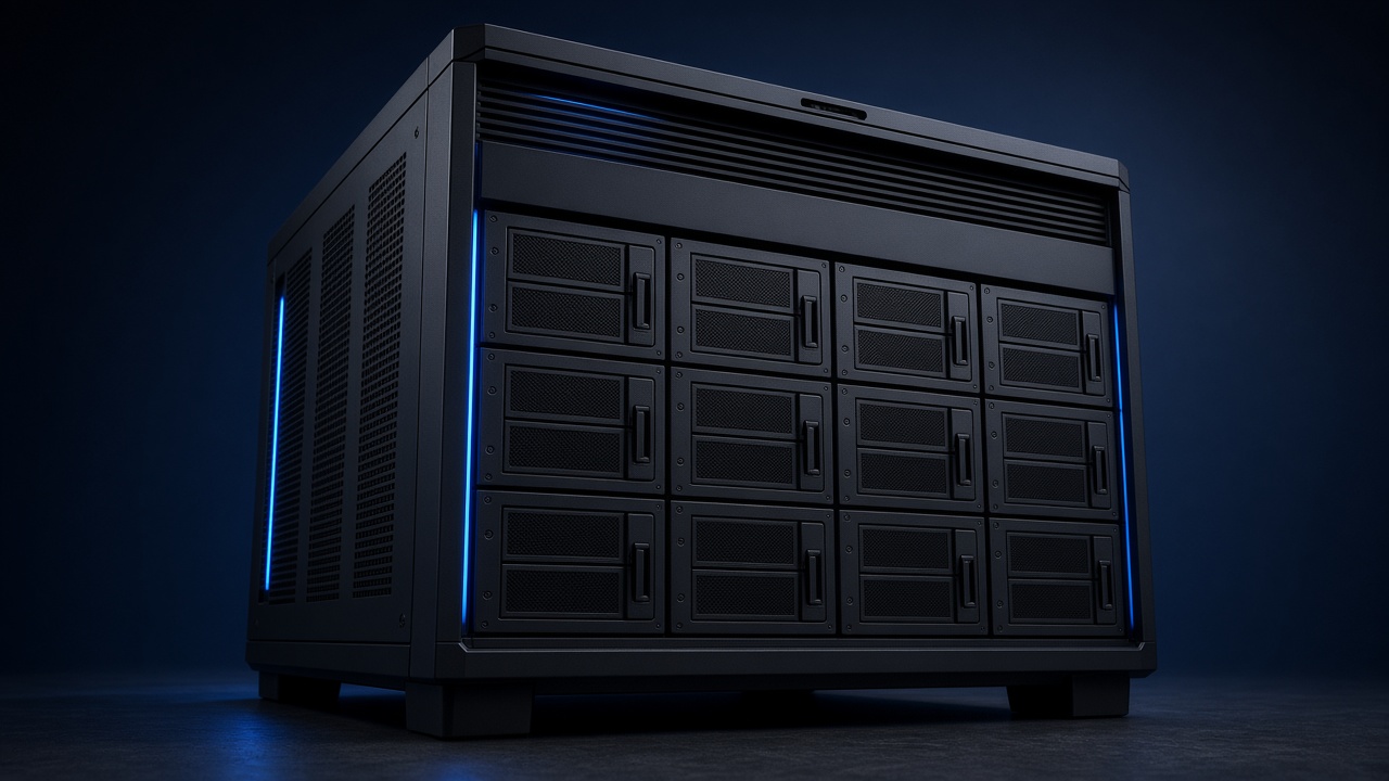 Type NAS, a large black eight-bay tower with blue edge light, shot from a low angle.