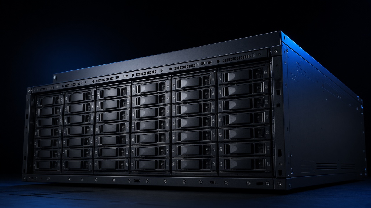 Type Storage, a wide black 4U chassis packed with drive trays, shot low so the face fills the frame.