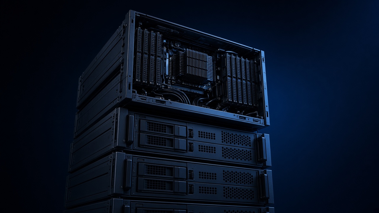 Type VPS, a tall stack of dense black servers, the top chassis open on dual heatsinks and memory banks.